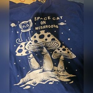 Large Space Cat on Mushrooms Shirt - Blue